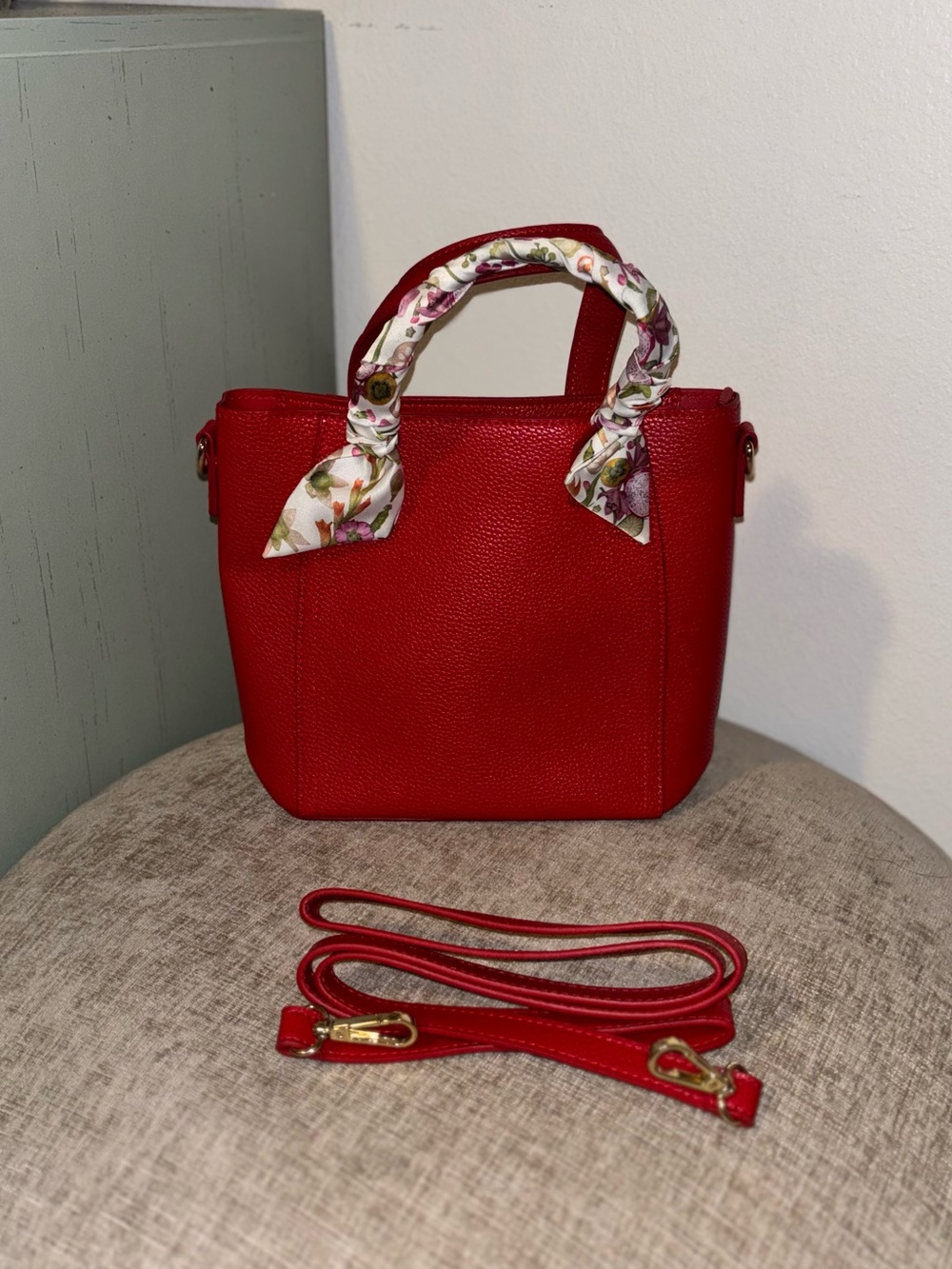 Red Structured Satchel Handbag with Floral Scarf Detail